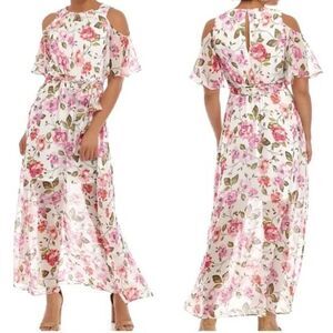 Calvin Klein Chiffon Cold Shoulder Floral Maxi Dress Size 10 NWT